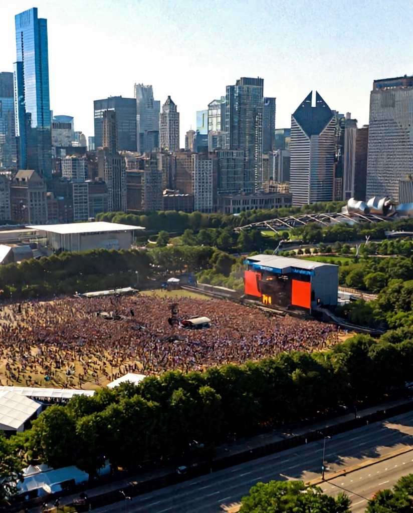 Lollapalooza crowd, Grant Park Chicago, music festival stage, large audience, summer concert, city skyline, energetic fans}
