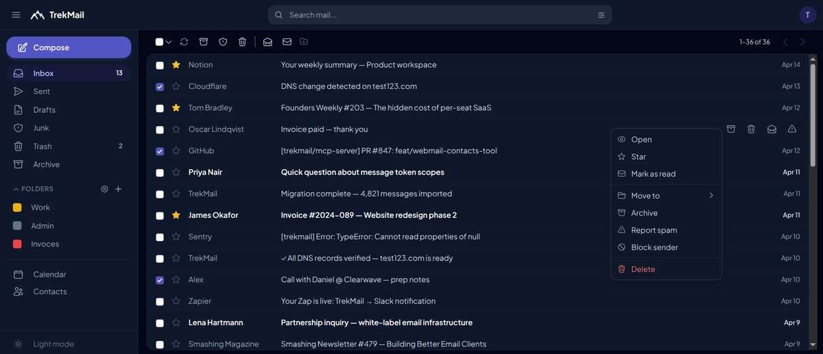The web inbox in dark mode