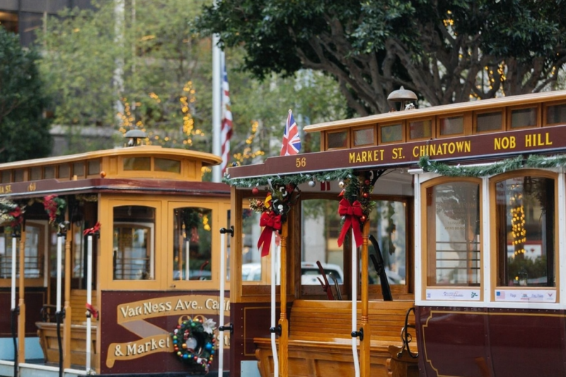 PIER 39 Christmas tree, Fisherman's Wharf, holiday lights, San Francisco bay, waterfront celebration, festive decorations, night view}
