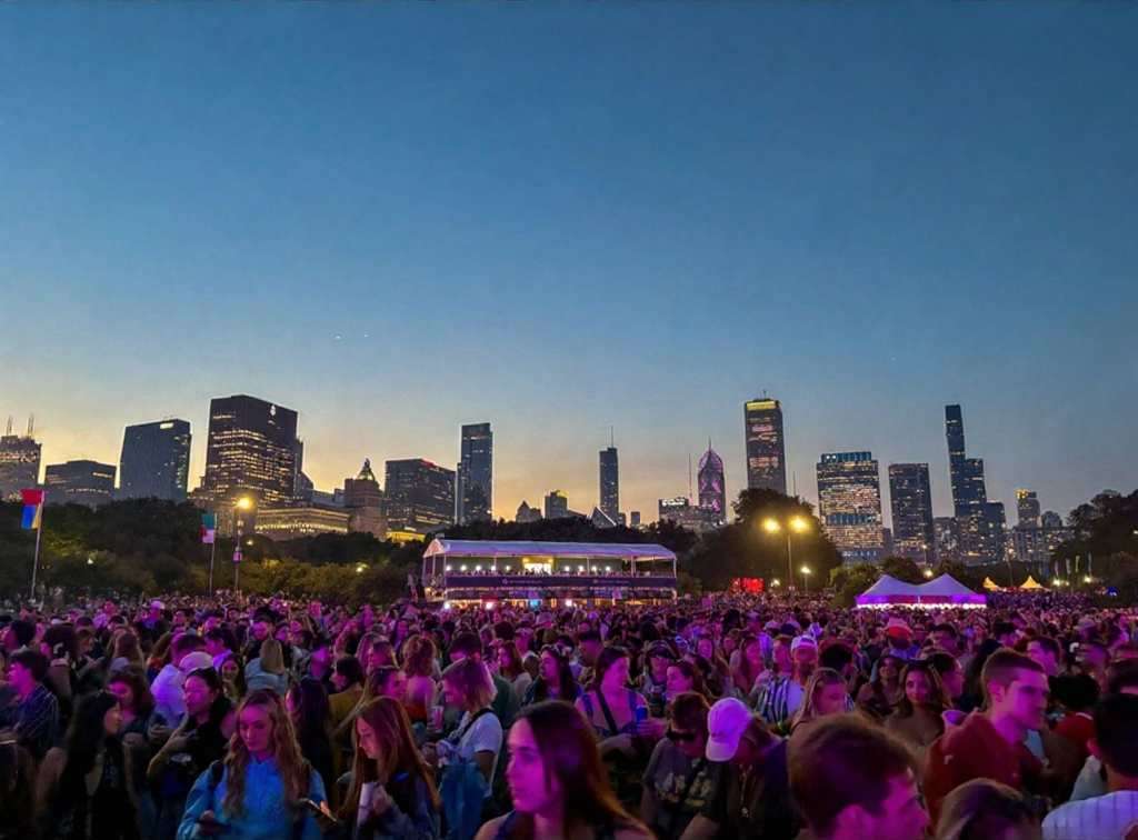 Lollapalooza festival fashion, comfortable concert outfit, practical festival gear, layered clothing, stylish fans, bucket hat, sneakers}