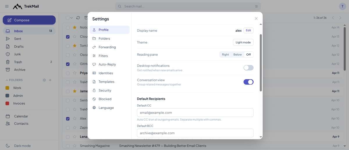 Web inbox settings