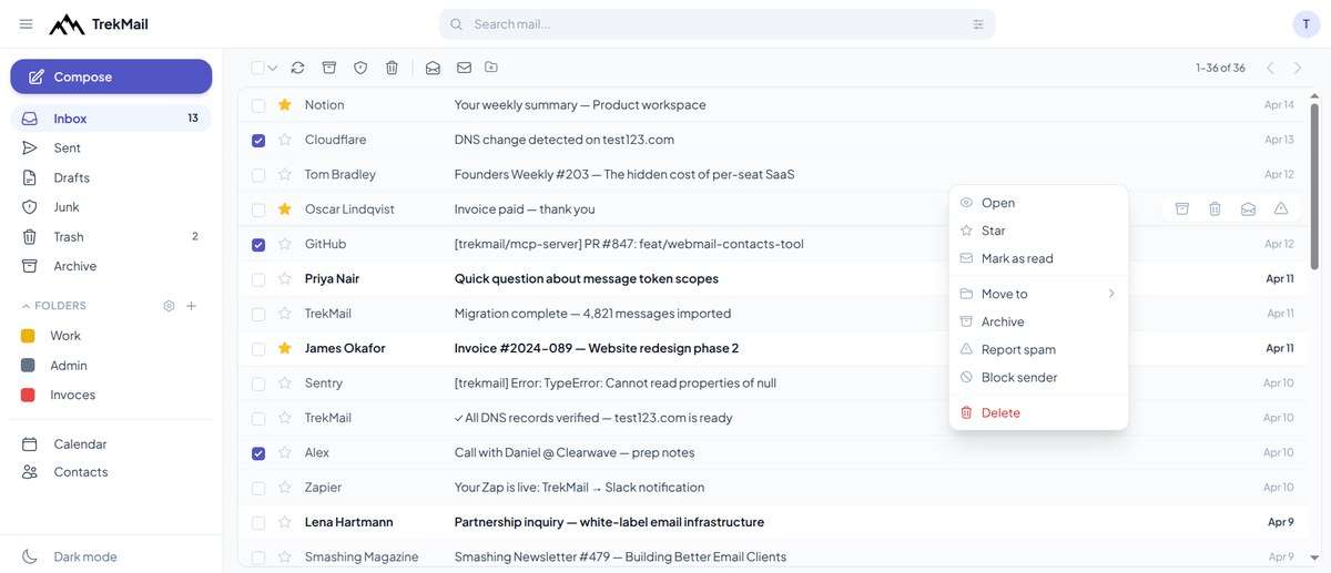 The TrekMail web inbox