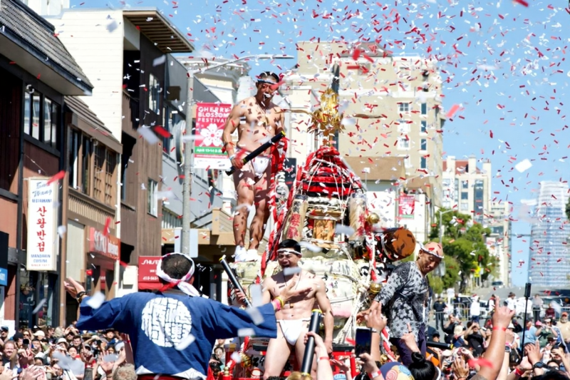 Northern California Cherry Blossom Festival parade, Taru Mikoshi, marching band, Post Street, crowds watching parade, colorful float}