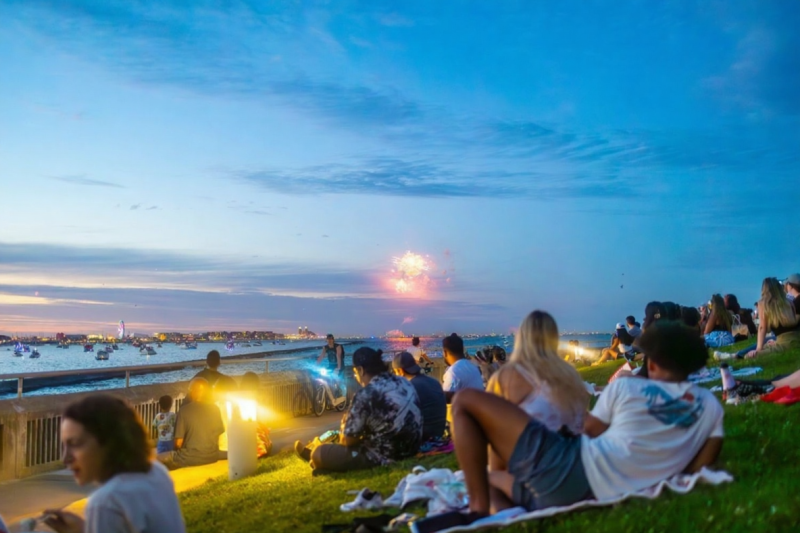 family picnic, Grant Park Chicago, watching fireworks, city skyline background, children on blanket, summer holiday, North Avenue Beach}