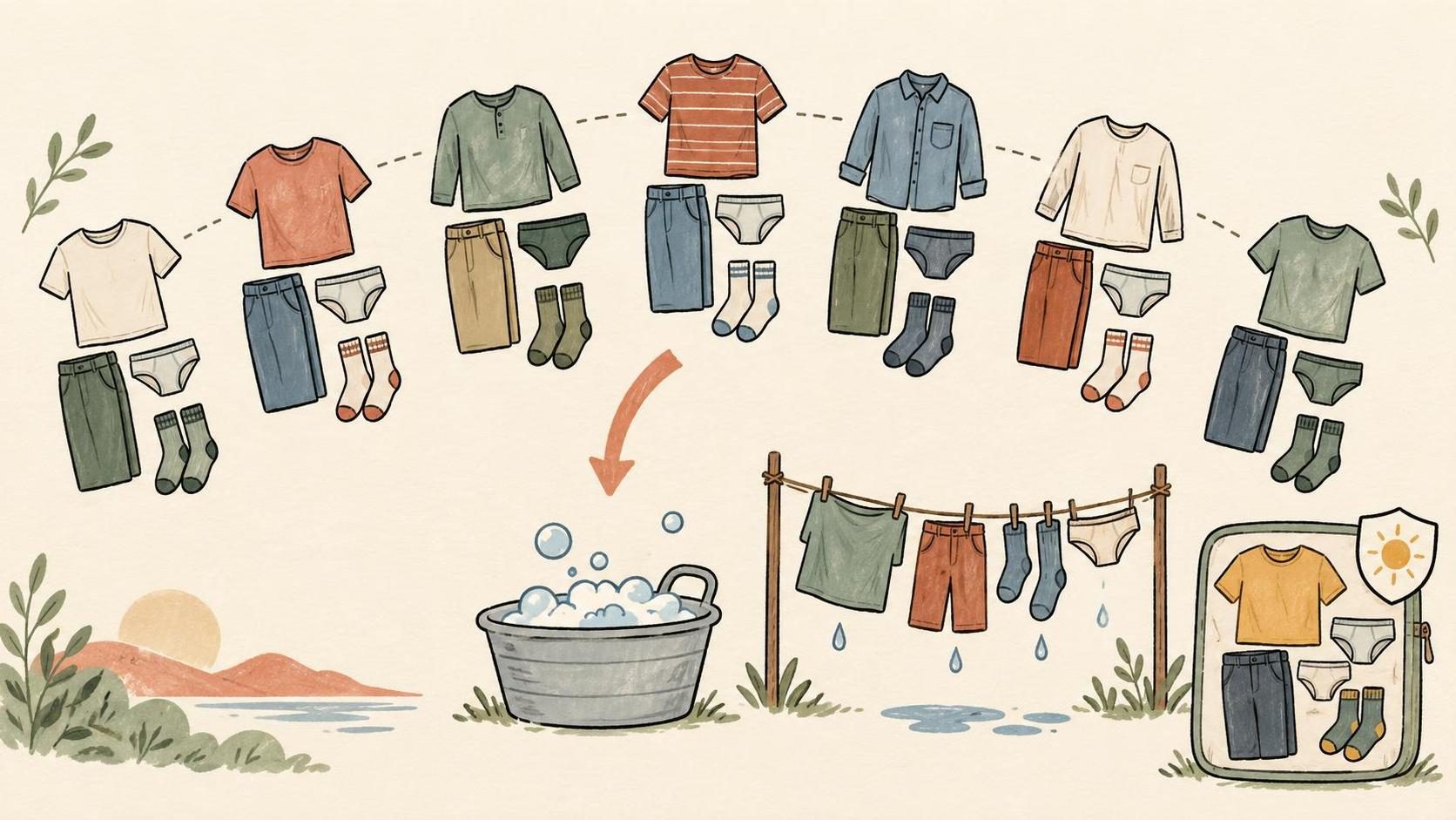 Clothing groups, a wash basin, a clothesline and a separate dry outfit