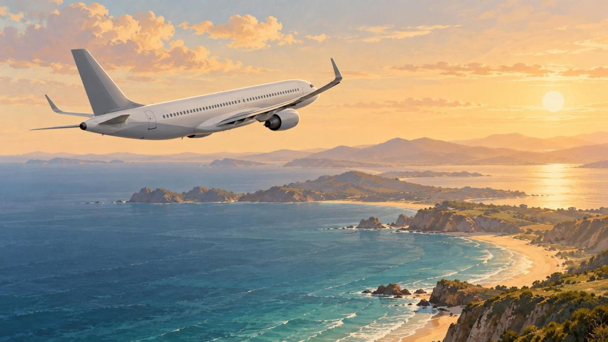 Illustration of a passenger aircraft flying above a coastline.