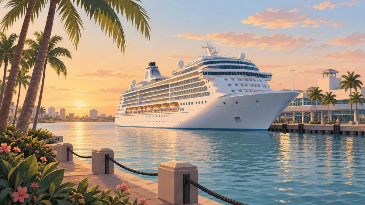 Illustration of a white cruise ship beside a palm-lined waterfront.