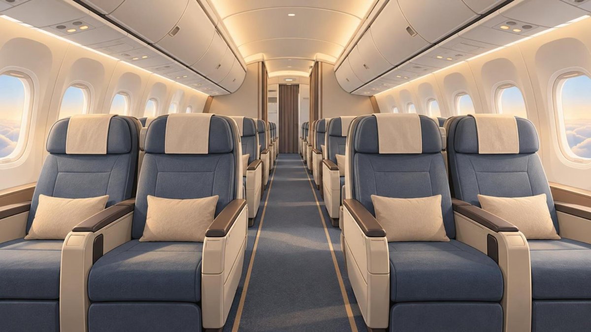 Illustrated aircraft cabin with two wide seats on each side of a central aisle.