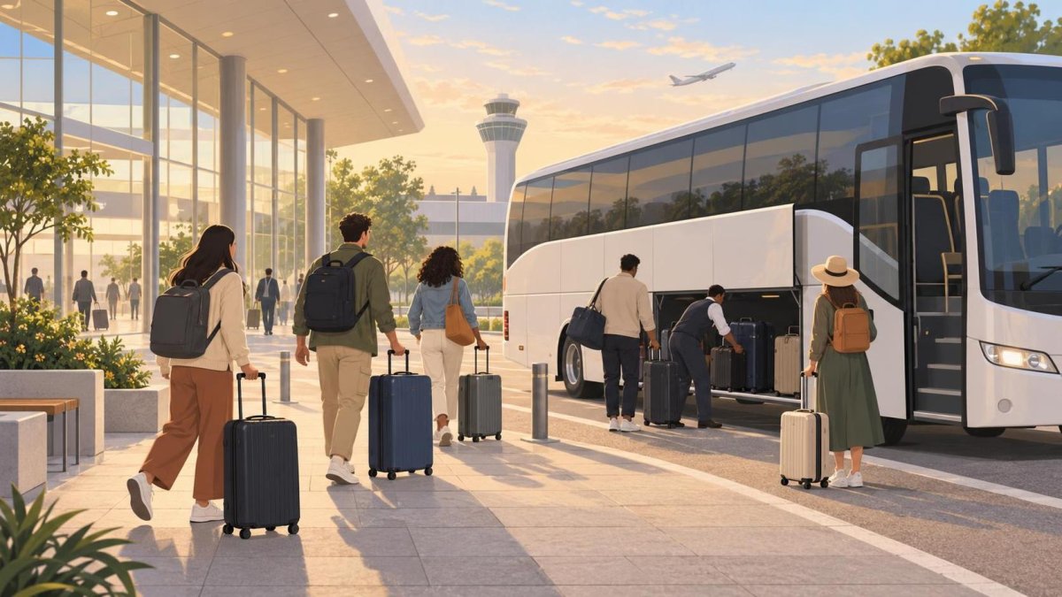 Illustration of a passenger coach beside an airport terminal with travelers and suitcases.