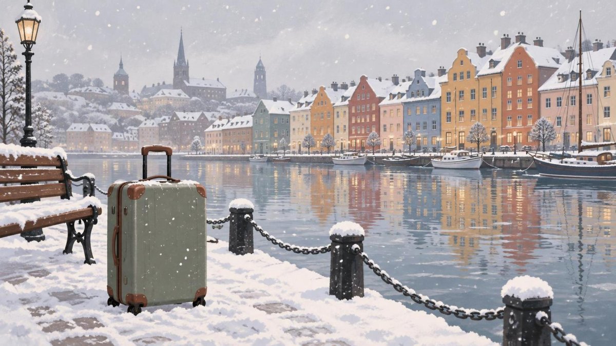 Illustrated suitcase beside a snowy waterfront lined with colorful buildings.