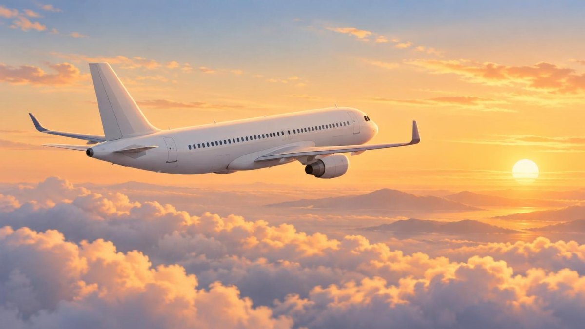 Illustration of a passenger airplane flying above clouds.