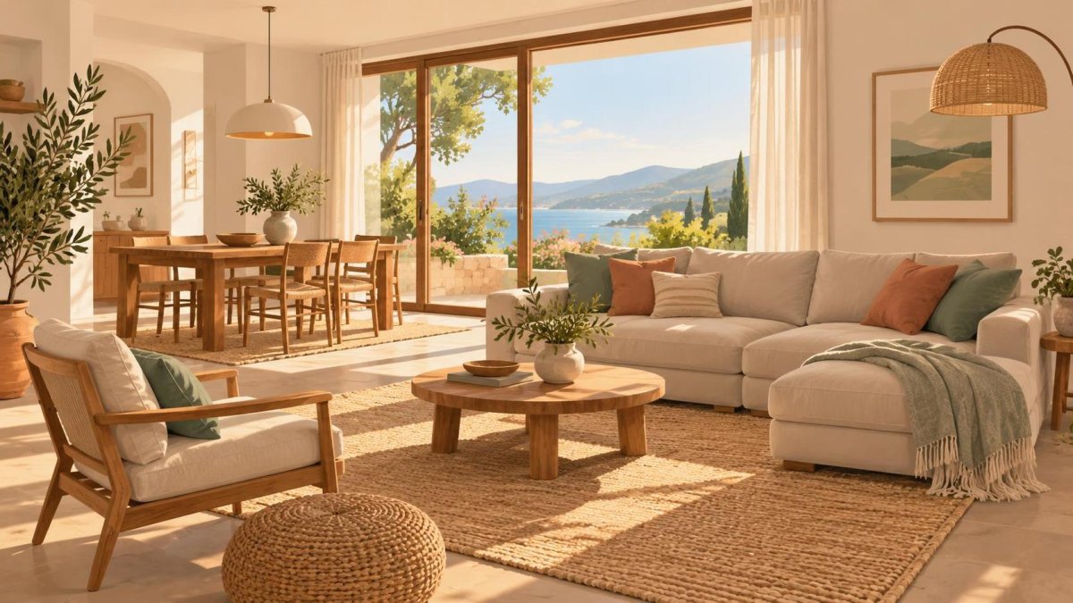 Illustration of a vacation rental living room with a sofa, dining table and large windows.