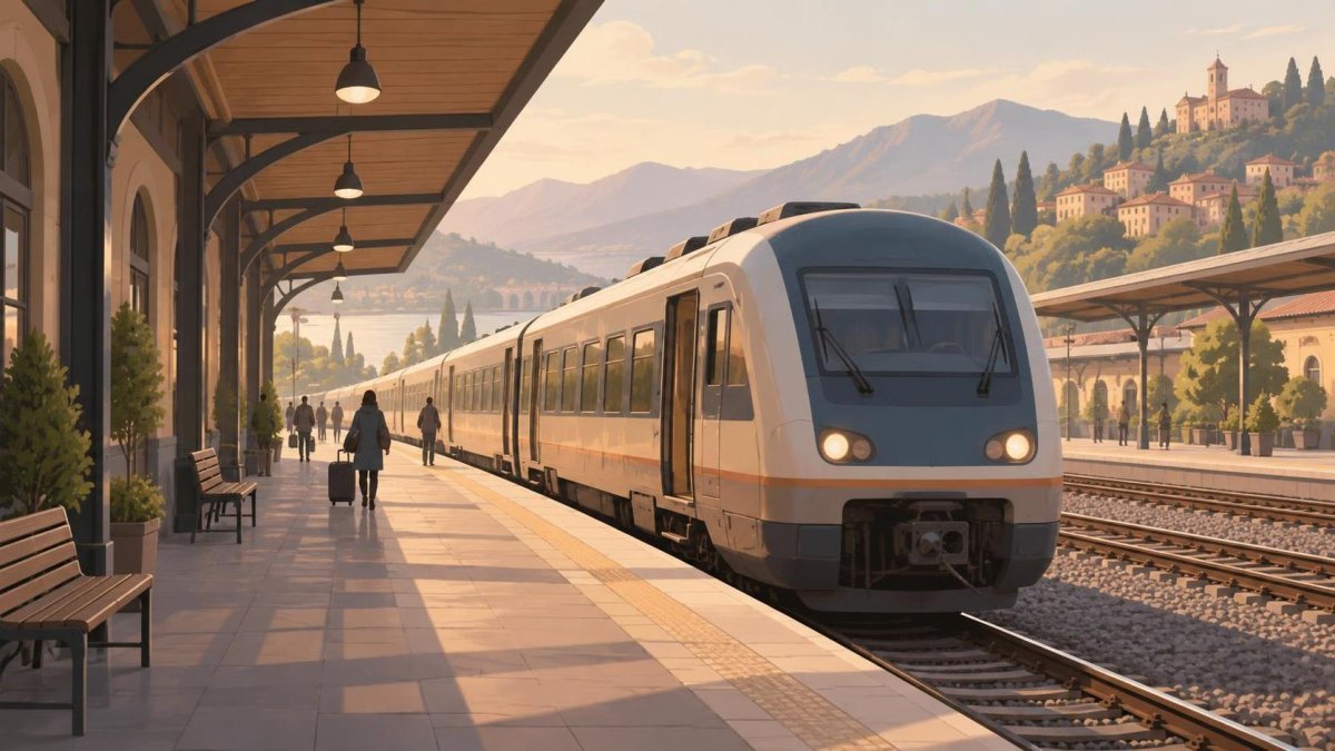 Illustration of a passenger train beside a station platform.