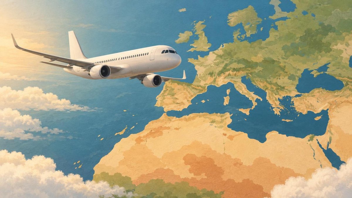 Illustrated passenger airplane above a map of Europe and North Africa.