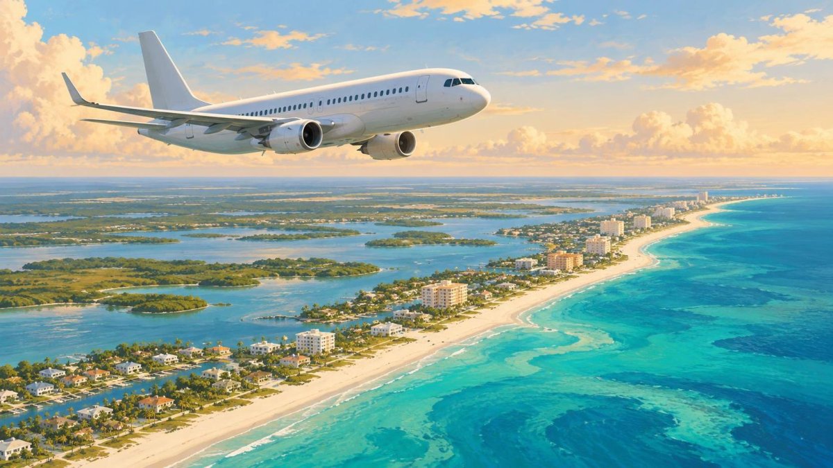 Illustration of a passenger airplane above a sandy coastline and blue water.