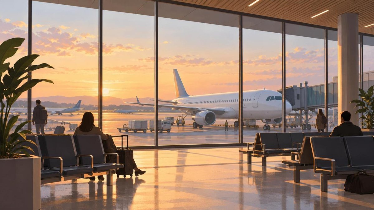 Illustration of an airport concourse overlooking an unbranded passenger aircraft.