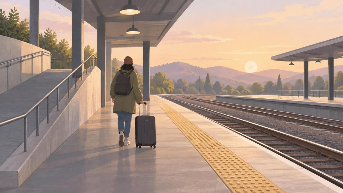 Illustration of a railway platform with a sloped walkway, tactile warning strip, lights and a traveler with a rolling suitcase.
