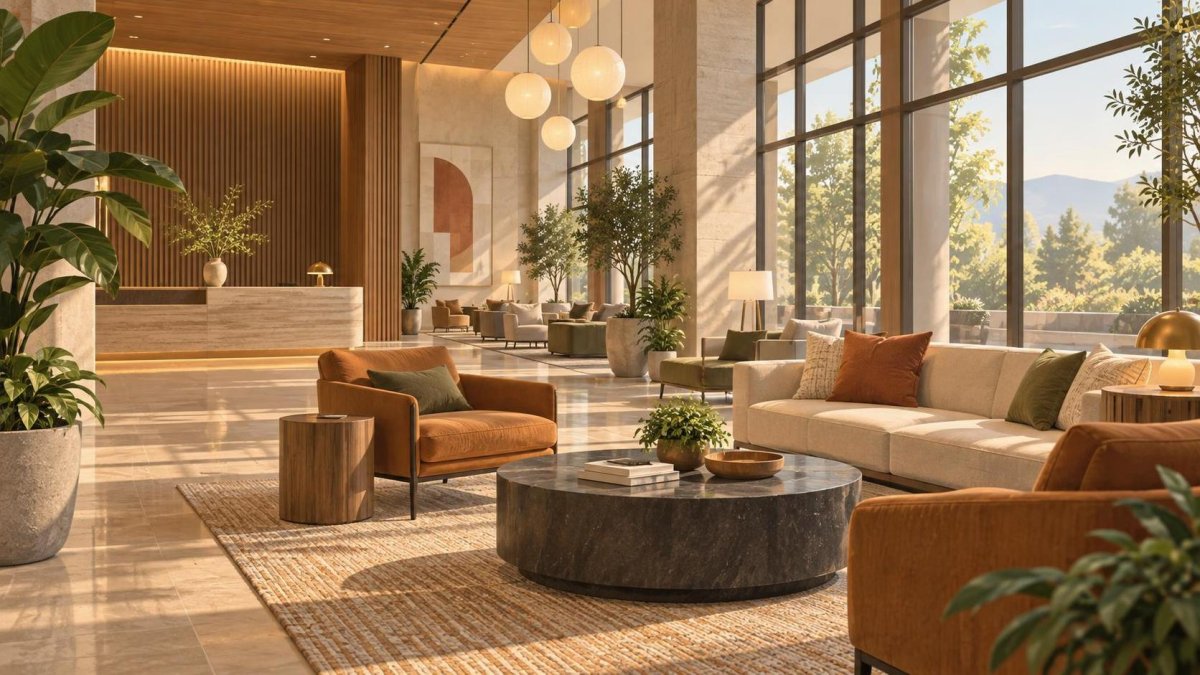 Illustration of a modern hotel lobby with lounge chairs and large windows.