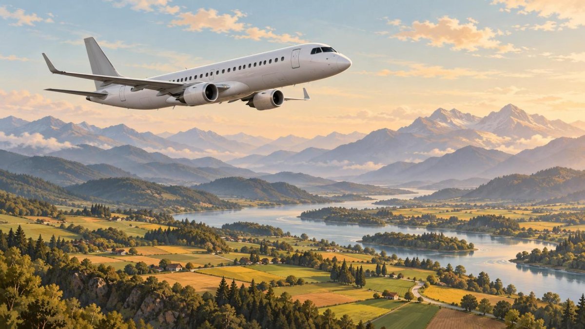 Illustration of a regional passenger jet flying above mountains and farmland.