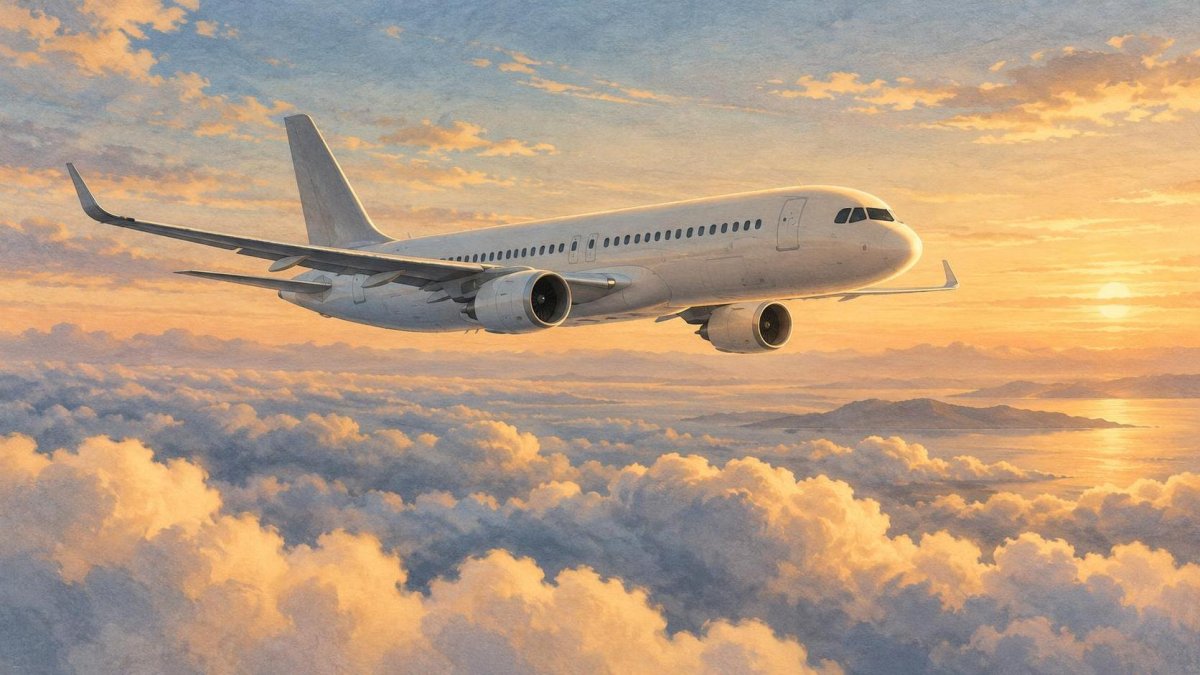 Illustration of a passenger airplane flying above clouds.
