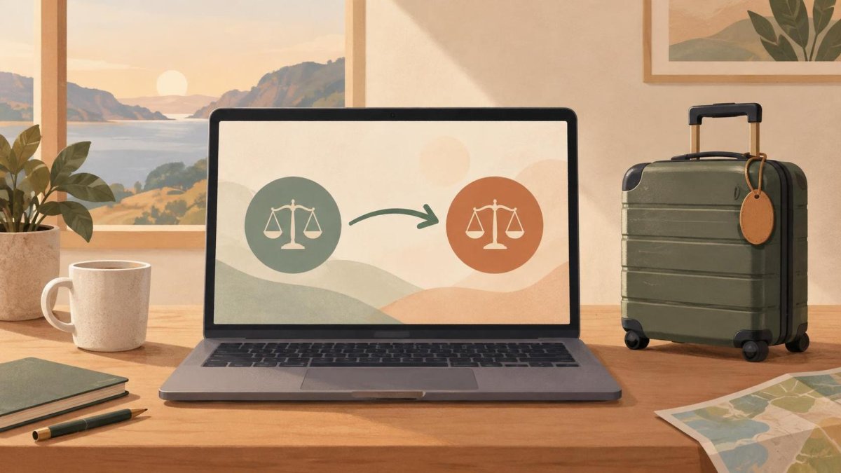 Illustration of a laptop with two points balances connected by an arrow beside a suitcase.