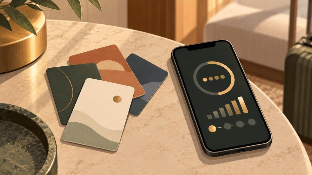 Illustrated hotel key cards beside a smartphone with abstract points symbols.
