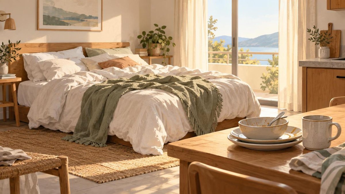 Illustration of an unmade bed and dishes in a vacation rental.