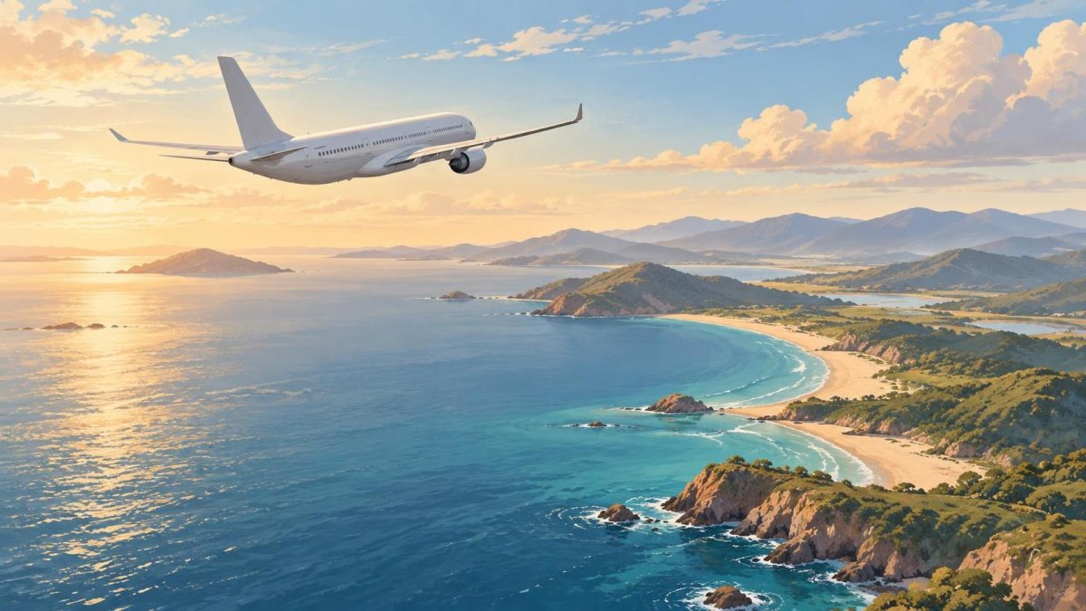 Illustrated passenger airplane above a coastline and blue ocean